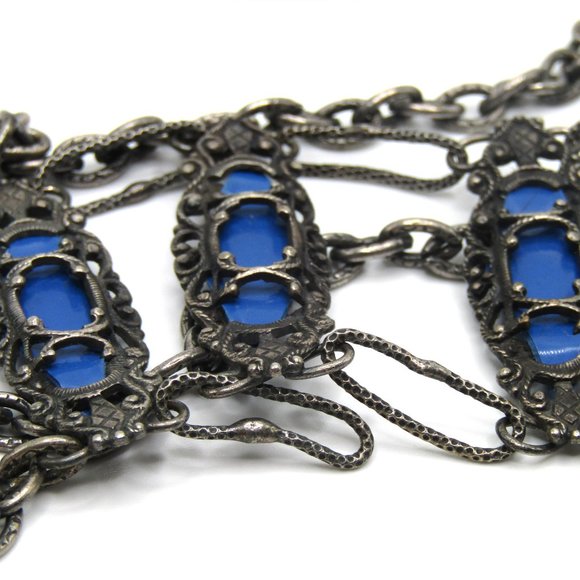 Vintage Metal Belt Filigree Chain Silver Blue OOAK Boho Hippie Ethnic - Picture 4 of 9